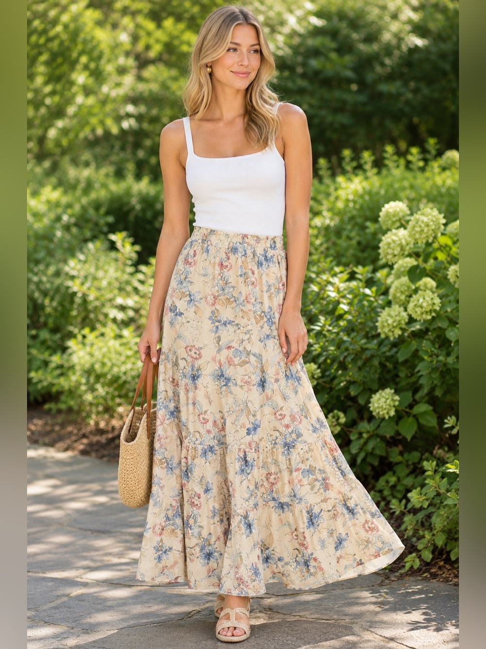 Tuckernuck Cosmos Floral Mallory Skirt Blue Pink Cream Maxi Size L NWT